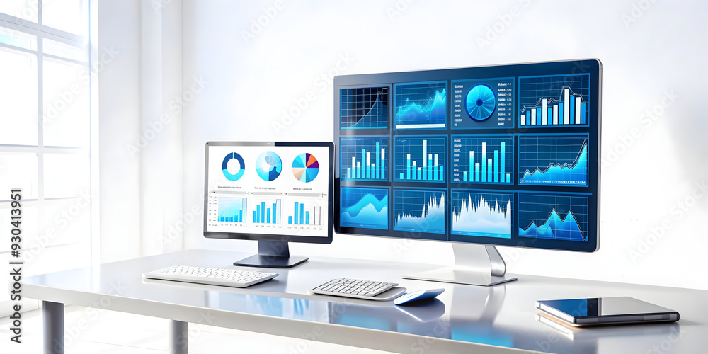 Naklejka premium 3D AI Powered Financial Services Background: Modern Office with Transparent Data Displays and AI Analytics for Precision Innovation in Finance