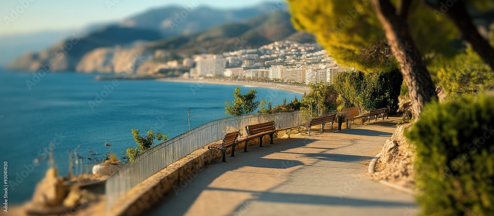 Obraz premium Coastal Pathway with Benches and Ocean View