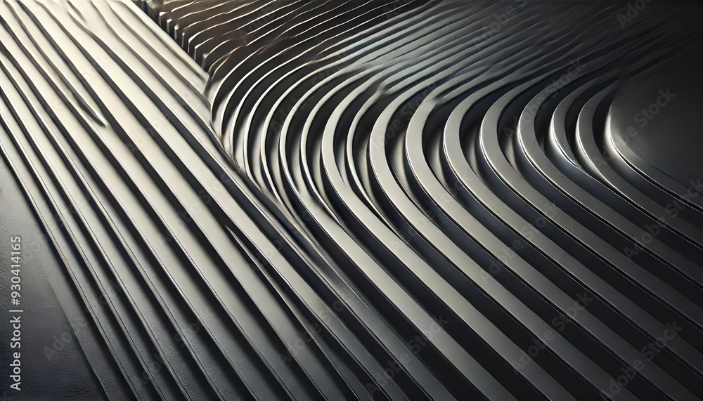 Sleek, undulating metallic strips flowing in a harmonious rhythm, blending light and dark tones in a captivating abstract design. Sleek, undulating metallic strips flowing in a harmonious rhythm, blending light and dark tones in a captivating abstract design.