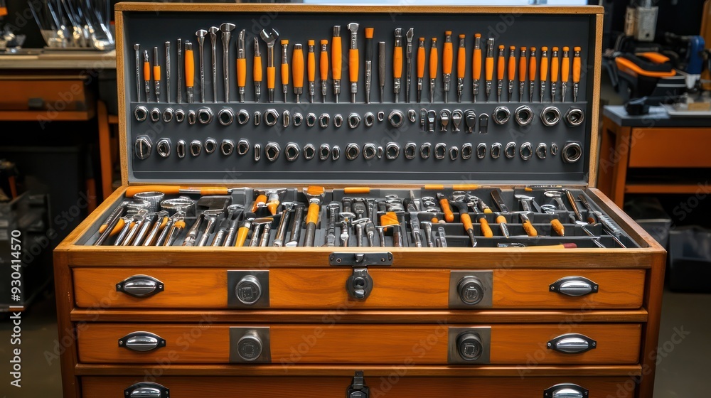 Industrial tool chest filled with various tools, representing organization and readiness in industrial work. Industrial tool chest filled with various tools, representing organization and readiness in industrial work.