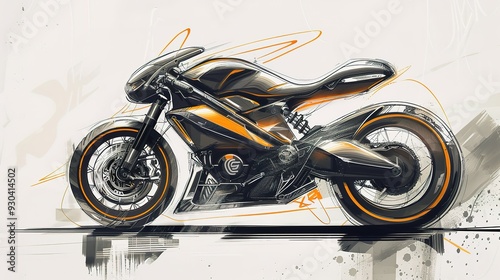 Hand-drawn sketch of a black motorcycle with orange accents. photo