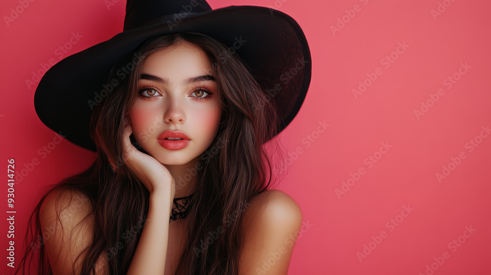 A young woman with long dark hair and black hat poses against pink background, exuding mysterious and captivating expression. A young woman with long dark hair and black hat poses against pink background, exuding mysterious and captivating expression.