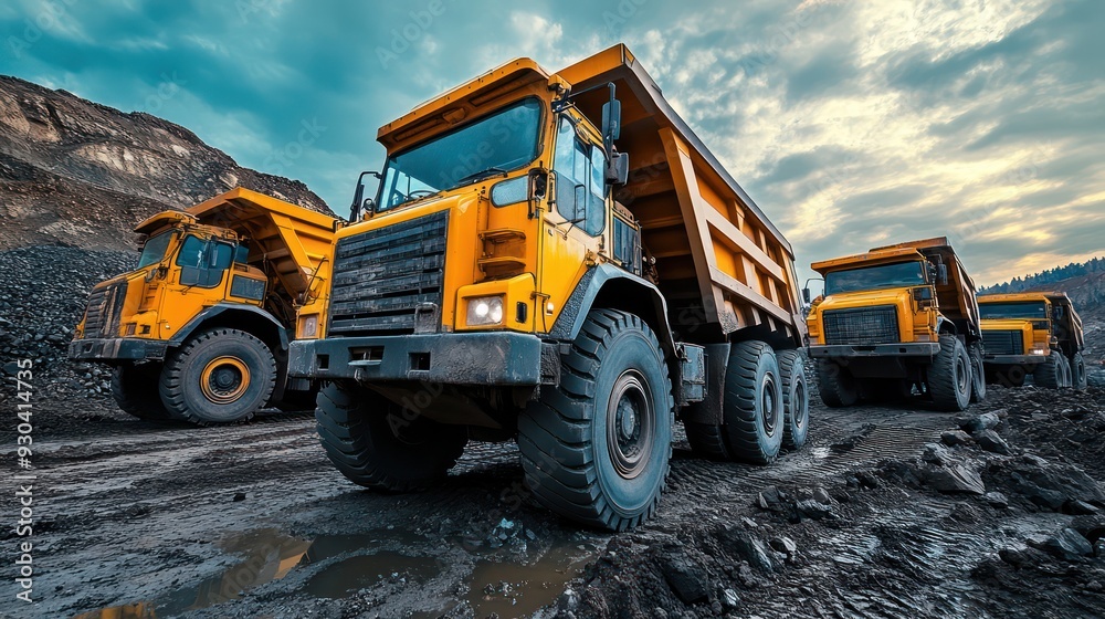 Industrial trucks lined up at a mining site, ready to transport extracted minerals, highlighting logistics in mining. Industrial trucks lined up at a mining site, ready to transport extracted minerals, highlighting logistics in mining.