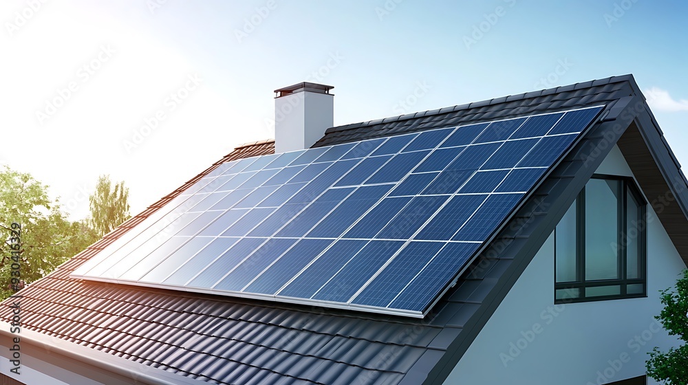 Fototapeta premium Solar Panel Home, Renewable Energy House Modern.