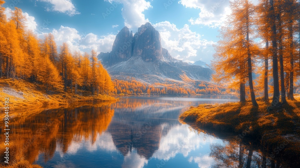 Naklejka premium Fantastic sunny day on the lake Antorno in National Park Tre Cime di Lavaredo. Location Dolomiti alps, Province of Belluno, Italy, Europe. Perfect photo wallpapers. Discover the beauty of earth , ai