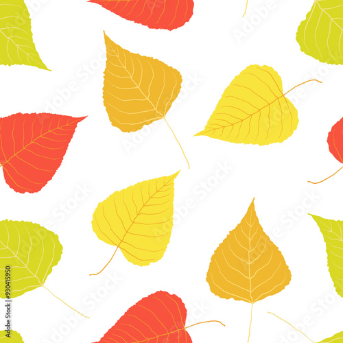 Autumn leaves pattern on white background. Hand drawn vector poplar foliage. Red, yellow, orange, green colors. Messy organic shapes