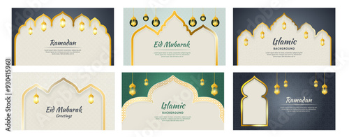 Islamic banner templates. Ramadan and Eid Mubarak muslim holiday greeting card layout with golden border frames, Arabic hanging lanterns and traditional Islamic patterns vector set