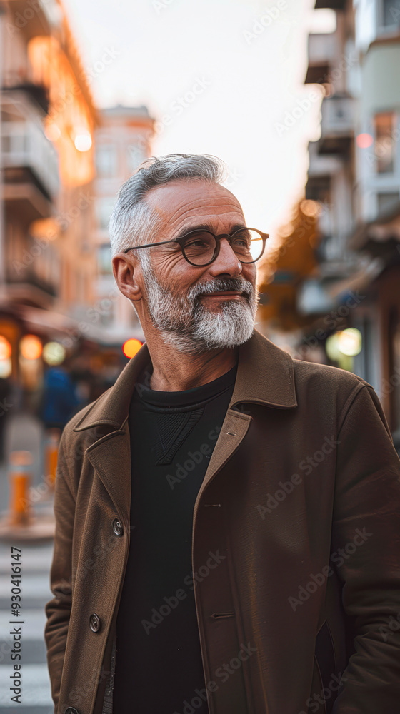 Successful Mature Man with Happy Expression Standing on Urban Street at Evening Twilight Successful Mature Man with Happy Expression Standing on Urban Street at Evening Twilight
