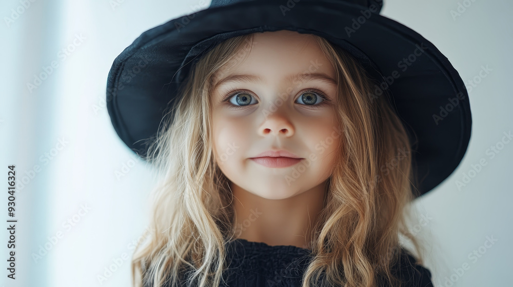 A young girl with long hair and black hat, looking directly at camera with calm expression. Her bright blue eyes convey innocence and curiosity. A young girl with long hair and black hat, looking directly at camera with calm expression. Her bright blue eyes convey innocence and curiosity.