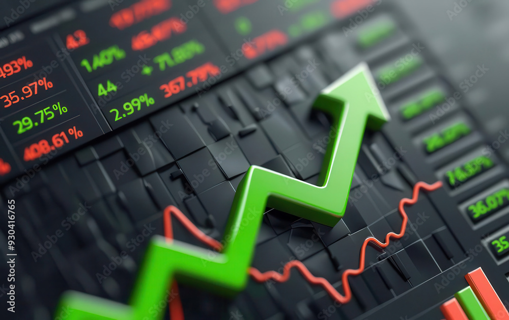 Holographic trading screen, stocks and interest rates, green arrow up, sleek modern design Holographic trading screen, stocks and interest rates, green arrow up, sleek modern design