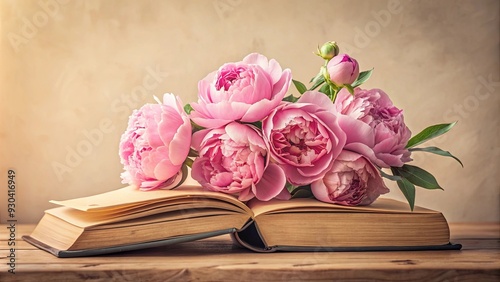 Fototapeta Naklejka Na Ścianę i Meble -  Vintage pink peonies placed on top of an open book against a beige background