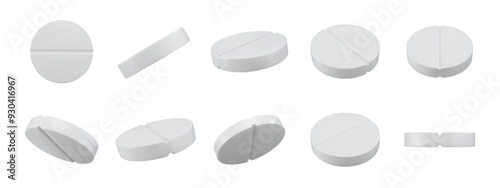 Medicine 3D tablets. White pills, pharmaceutical medication and round tablet in various angles for pharmacy, medicine and healthcare design isolated vector set.