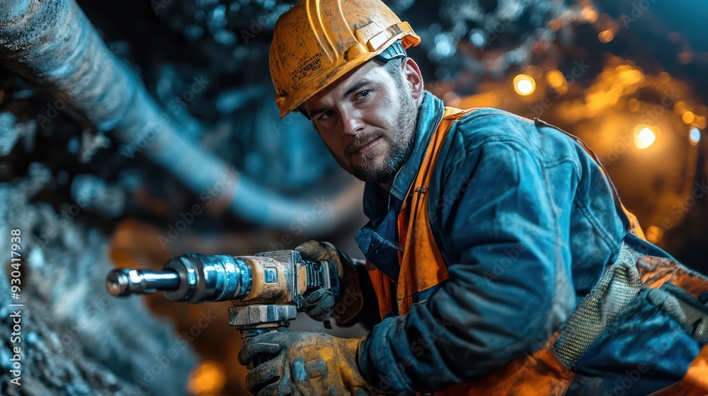 Miner in protective gear operating a drill deep underground, highlighting the intensity and danger of mining work. Miner in protective gear operating a drill deep underground, highlighting the intensity and danger of mining work.