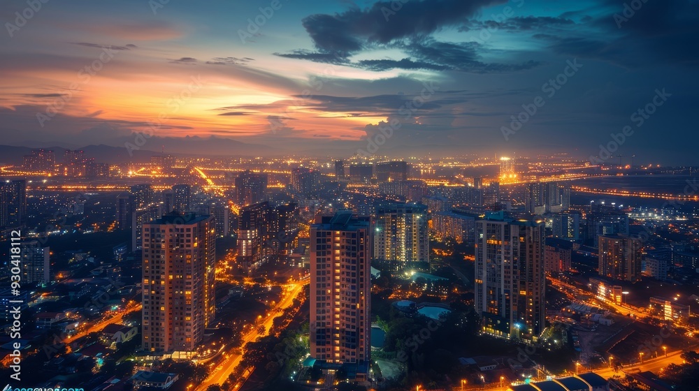 Fototapeta premium Illuminated Industrial Complex in the Serene Night Sky