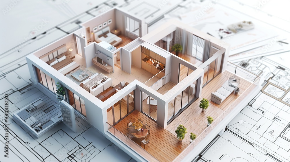 A modern architectural model of a stylish apartment layout on a blueprint background. A modern architectural model of a stylish apartment layout on a blueprint background.