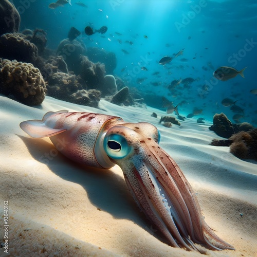 Squid on sand, fish swimming behind.