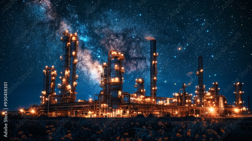 Fototapeta premium Illuminated Modern Industrial Buildings at Night with Starry Sky, Urban Complex Highlighted by Glowing Lights