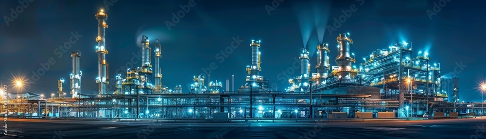 Fototapeta premium Illuminated Industrial Complex with Modern Architecture Against Clear Night Sky