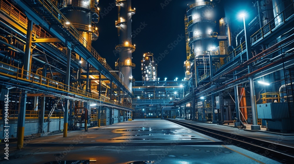 Illuminated Industrial Complex: Modern Structures at Night