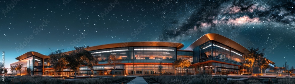Illuminated Modern Industrial Buildings Sparkling under Starry Night Sky Emphasizing Architectural Details Illuminated Modern Industrial Buildings Sparkling under Starry Night Sky Emphasizing Architectural Details