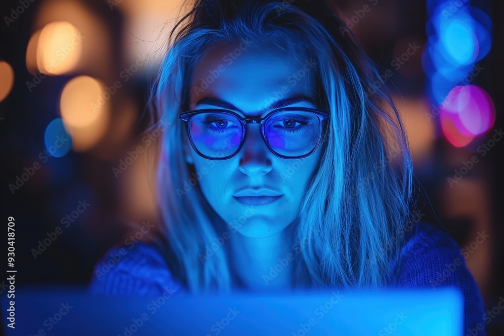 Young Caucasian woman with glasses focused on her laptop, illuminated by blue light in a dimly lit, modern setting. Young Caucasian woman with glasses focused on her laptop, illuminated by blue light in a dimly lit, modern setting.