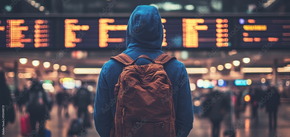 Obraz premium A lone traveler with a backpack stands before a glowing departure board blurred city lights reflecting in their hooded silhouette