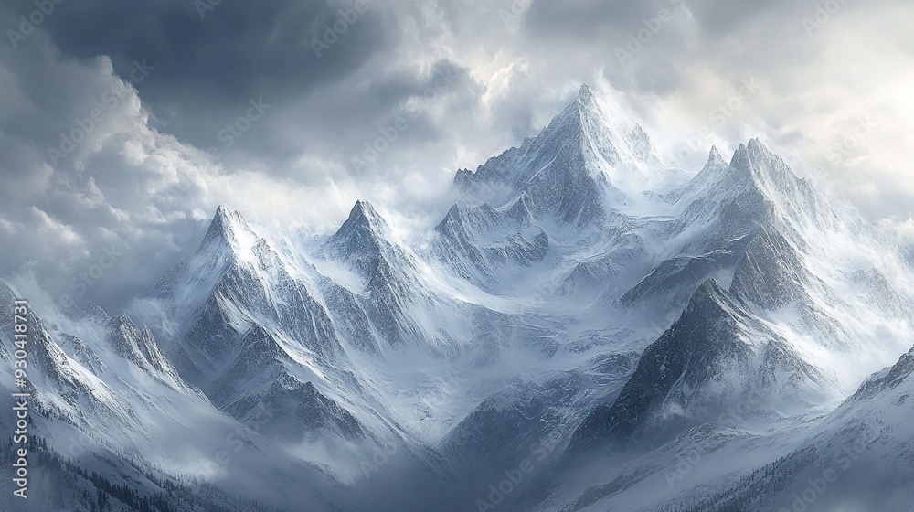 Amazing landscape of massive snowy mountains with high peaks under cloudy sky. copy space for text.