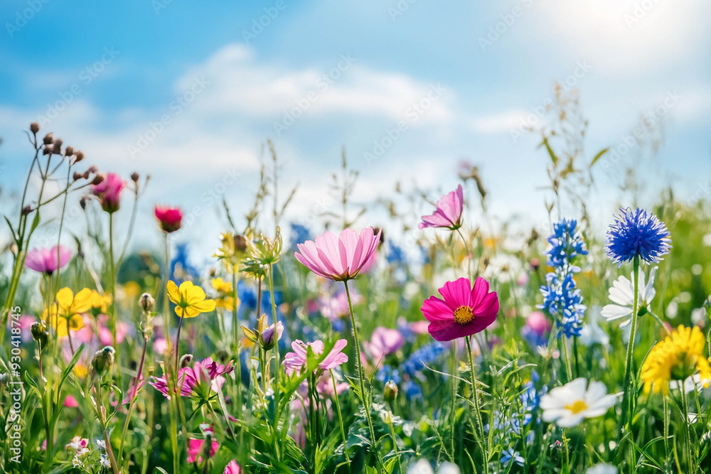Beautiful spring meadow with colorful wild flowers under a blue sky and sunlight. Beautiful spring meadow with colorful wild flowers under a blue sky and sunlight.