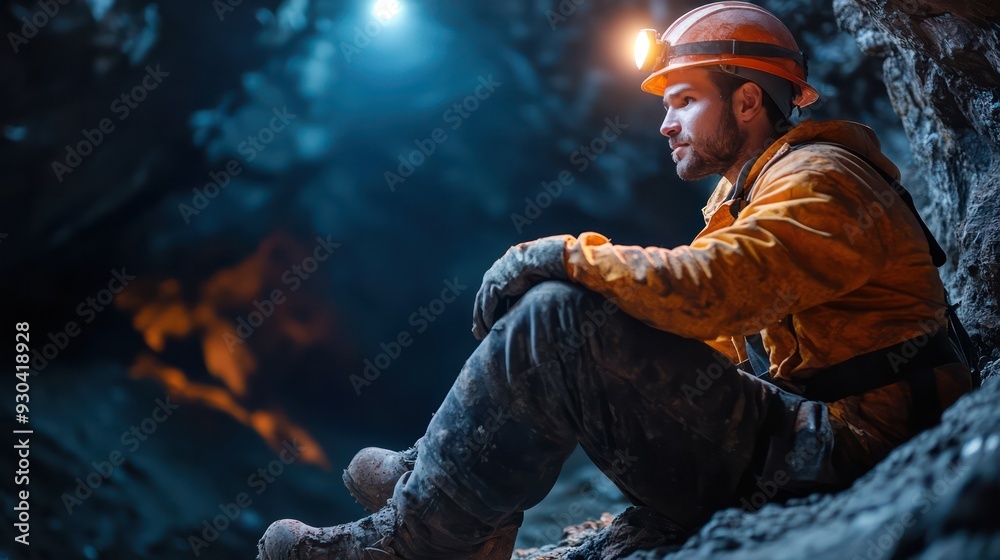 Obraz premium Miner taking a reak underground, seated on a rock with a headlamp illuminating the dark tunnel.
