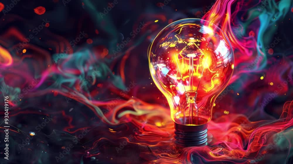 Video animation of colorful glowing light bulb lamp, visualization of ...