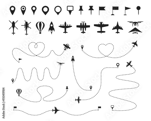Flight path route. Dashed line plane, helicopter, balloon, drone and jet fighter trajectories. Aircraft take off, landing point with airplane, pin. Fly direction vector set. Navigation map elements.