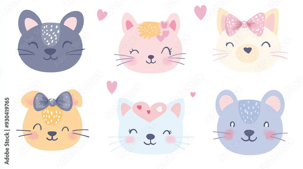 Set of cute kawai animal faces with pastel color palette Set of cute kawai animal faces with pastel color palette