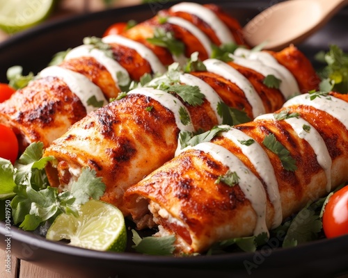 Closeup of Crispy Chicken Enchiladas Drizzled with Creamy Sauce Served on Black Plate with Cilantro and Lime photo