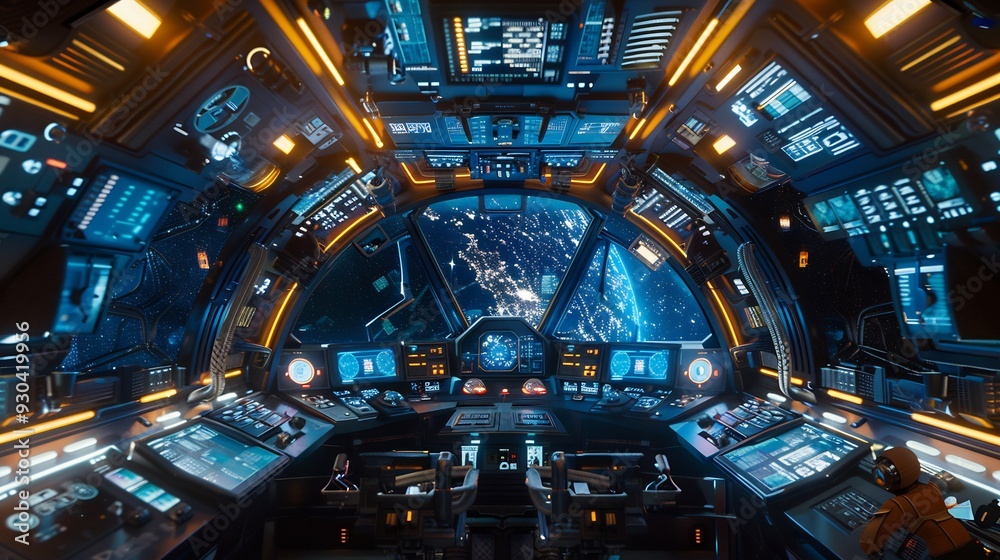 Obraz premium Futuristic Spaceship Cockpit with Earth View