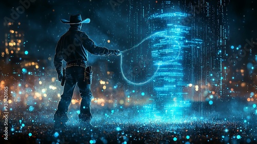 A futuristic cowboy uses a digital lasso to interact with glowing data in a vibrant urban landscape, blending tradition with technology.
