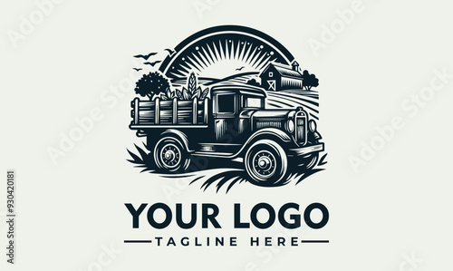 Vintage truck with wooden vector logo bed full of hay, conveying rustic charm. Suitable for farm, agriculture, transportation, vintage themes.