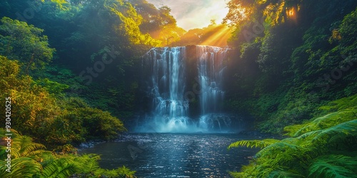 A majestic waterfall flowing down from a cliff surrounded by lush greenery, with a rainbow forming in the mist, beautifully alive. Image generated by AI photo