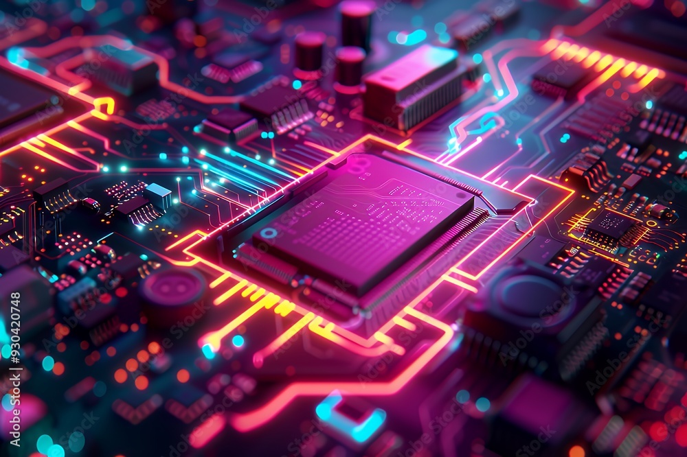 A close-up view of a colorful circuit board with glowing components and connections. A close-up view of a colorful circuit board with glowing components and connections.