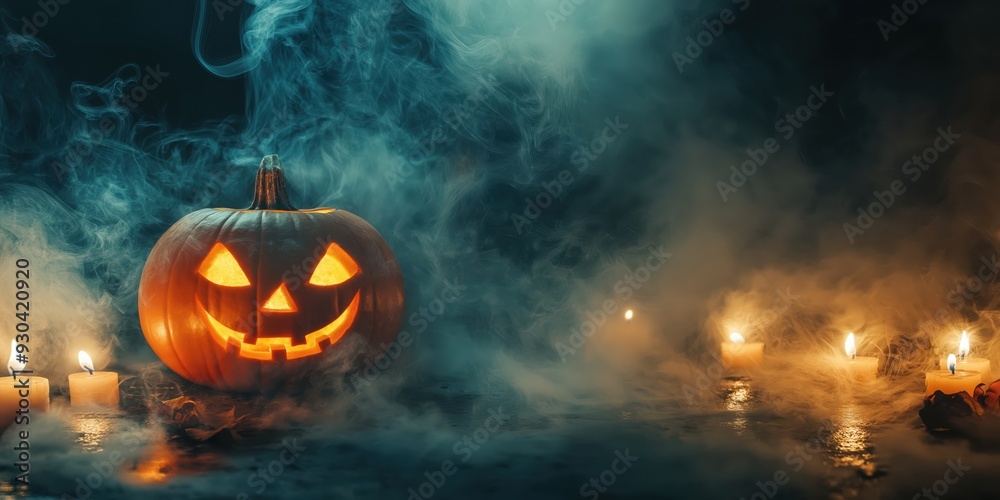 Naklejka premium Spooky Halloween Pumpkin with Candles created by ai