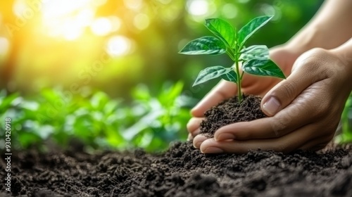 Hands Gently Cradle a Tiny Sprout in Rich Soil Soft Focus Background Symbol of New Life and Growth