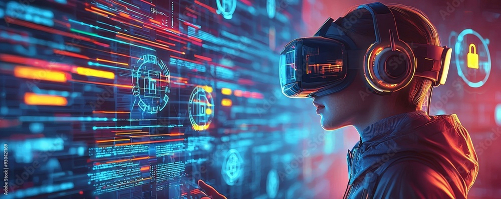 A person wearing a VR headset explores a digital world filled with vibrant data streams and security icons, showcasing technology. A person wearing a VR headset explores a digital world filled with vibrant data streams and security icons, showcasing technology.
