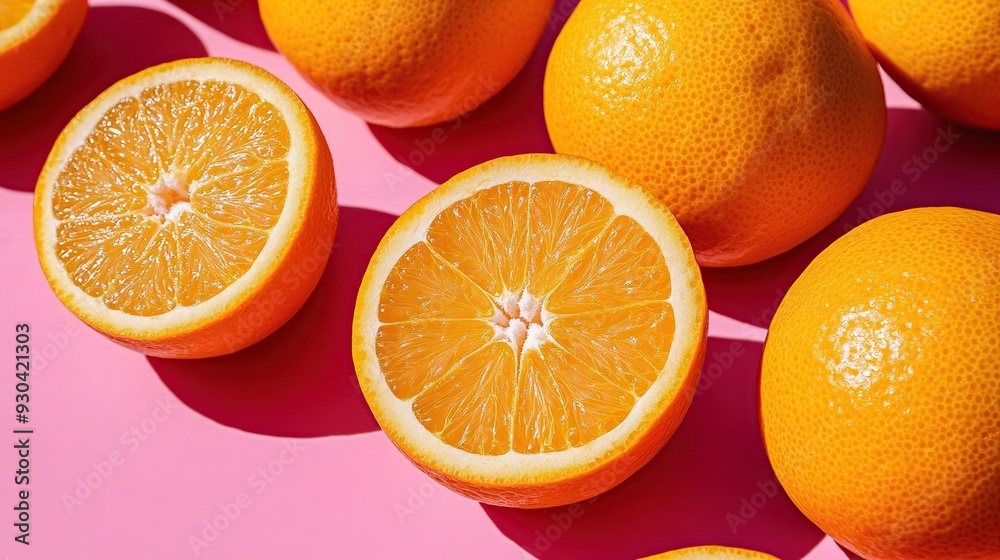 Fototapeta premium Fresh Halved Oranges on a Pink Background. copy space for text. image of orange on pink.