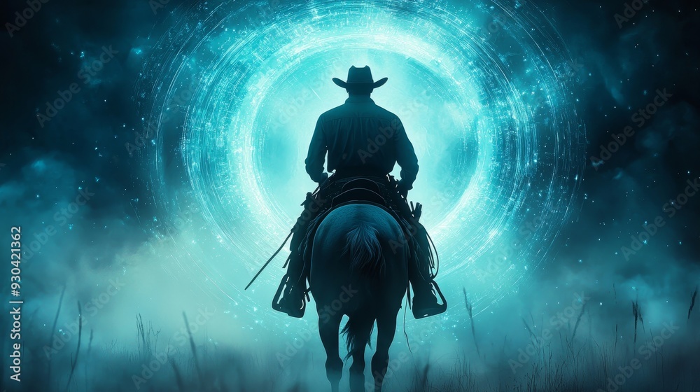 Fototapeta premium A silhouetted cowboy riding a horse, set against a mystical blue portal and foggy background, evoking adventure and intrigue.