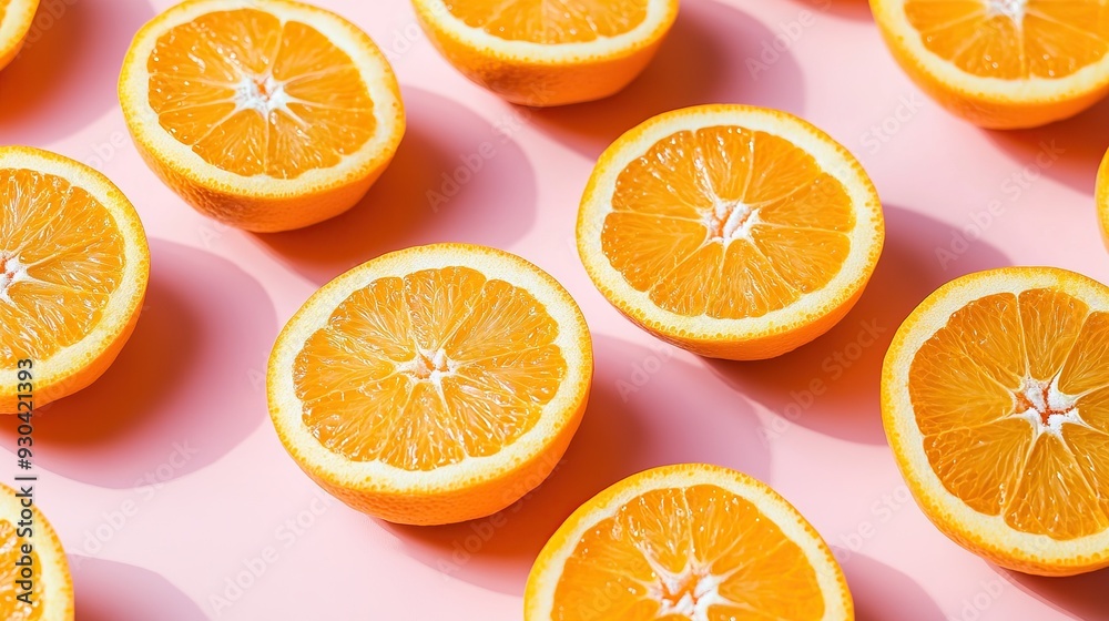 Fresh Halved Oranges on a Pink Background. copy space for text. image of orange on pink. Fresh Halved Oranges on a Pink Background. copy space for text. image of orange on pink.