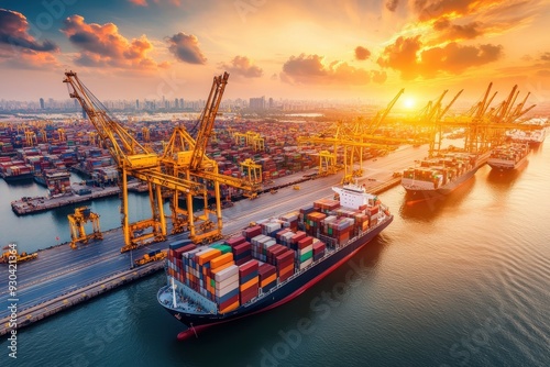 Container Ship at Sunset with Gantry Cranes in a Busy Port photo