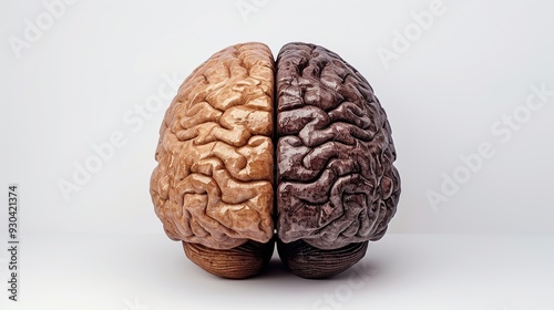 A stylized representation of a brain split into two halves, showcasing contrasting colors.