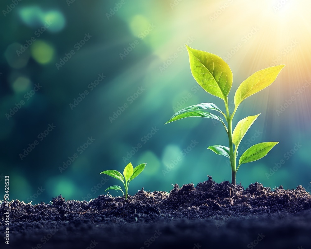 New Growth Two Saplings Emerge from Dark Soil with a SunDrenched Background Bokeh LowAngle Perspective