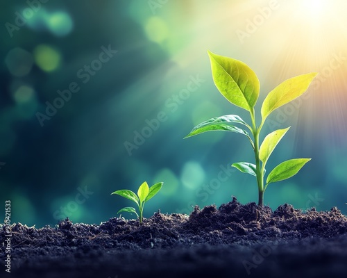 New Growth Two Saplings Emerge from Dark Soil with a SunDrenched Background Bokeh LowAngle Perspective