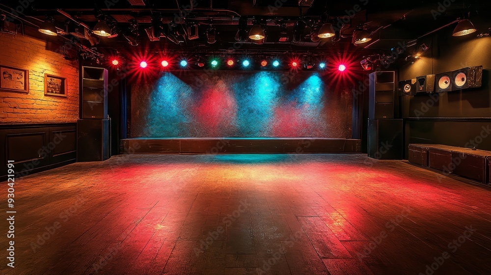 Naklejka premium Stage Lights Bathe Empty Wooden Floor in Red and Blue Hues Low Angle Perspective