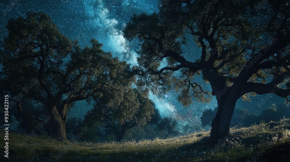 Fototapeta premium A serene night scene featuring trees under a starry sky with a hint of the Milky Way.